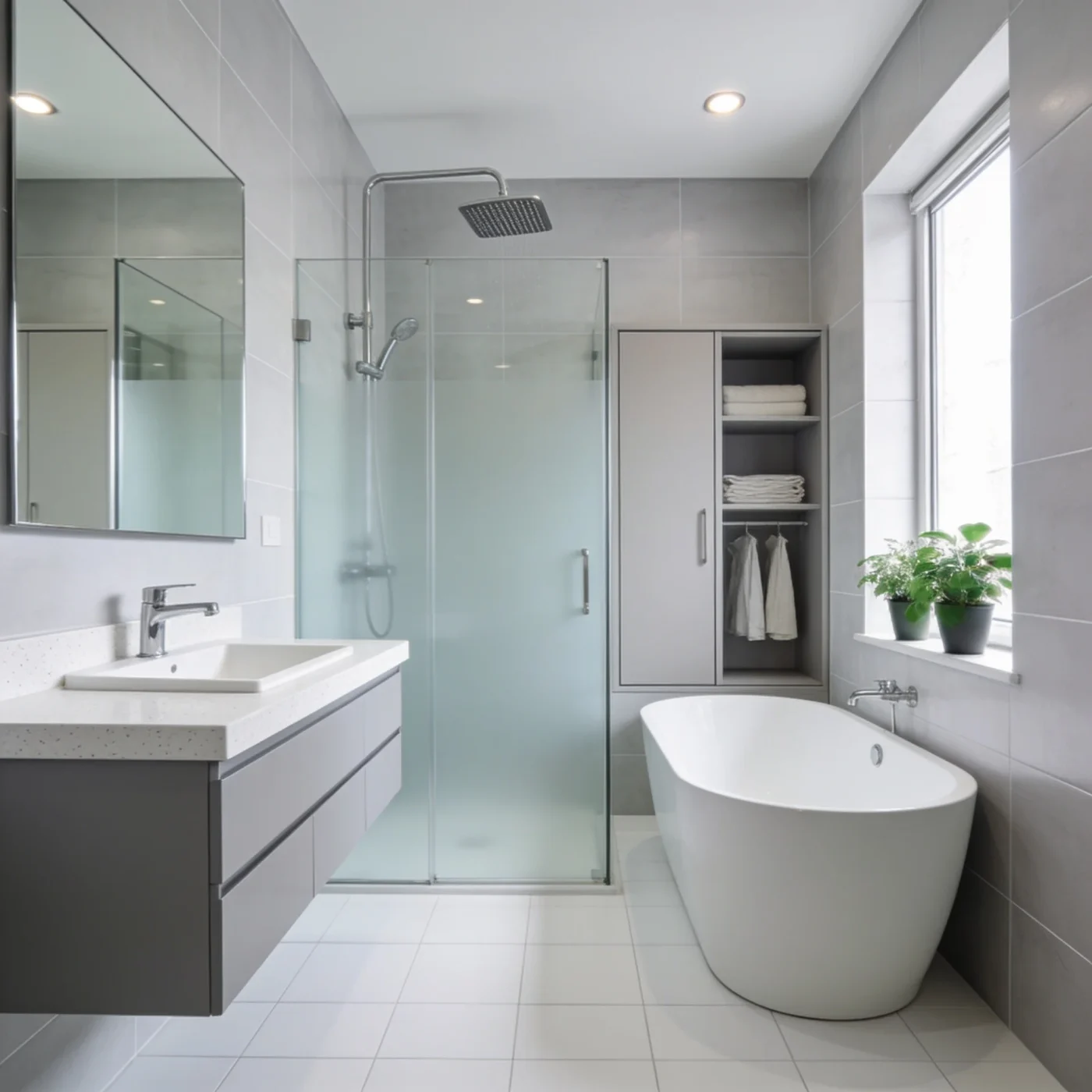 This modern bathroom remodel features sleek gray tiles, a floating vanity with a white countertop, a frosted glass walk-in shower with a rain showerhead, and a stylish freestanding soaking tub next to a bright window.