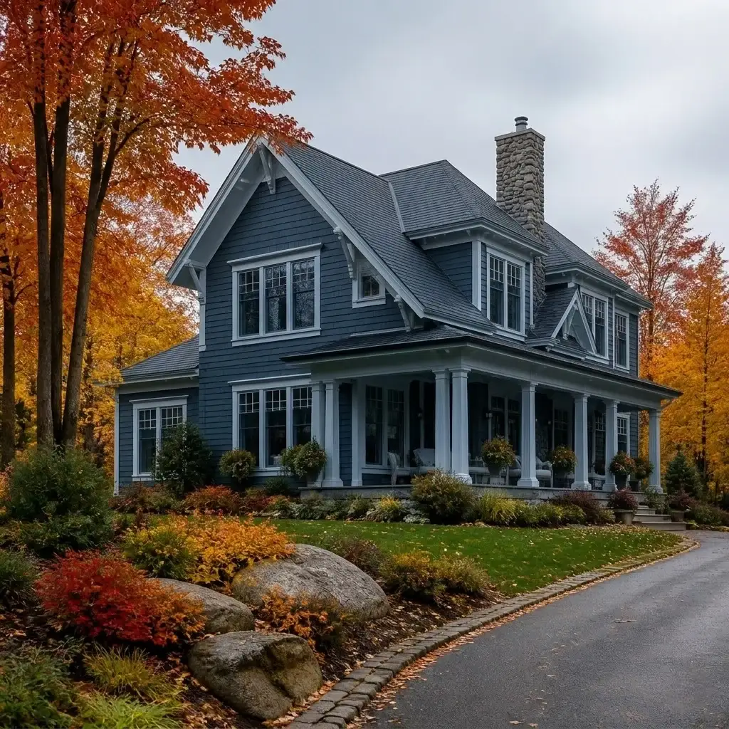 This stately multi-gabled home features a striking stone chimney and a covered front porch, beautifully showcasing its premium blue-gray replacement siding against a vibrant backdrop of autumn foliage.