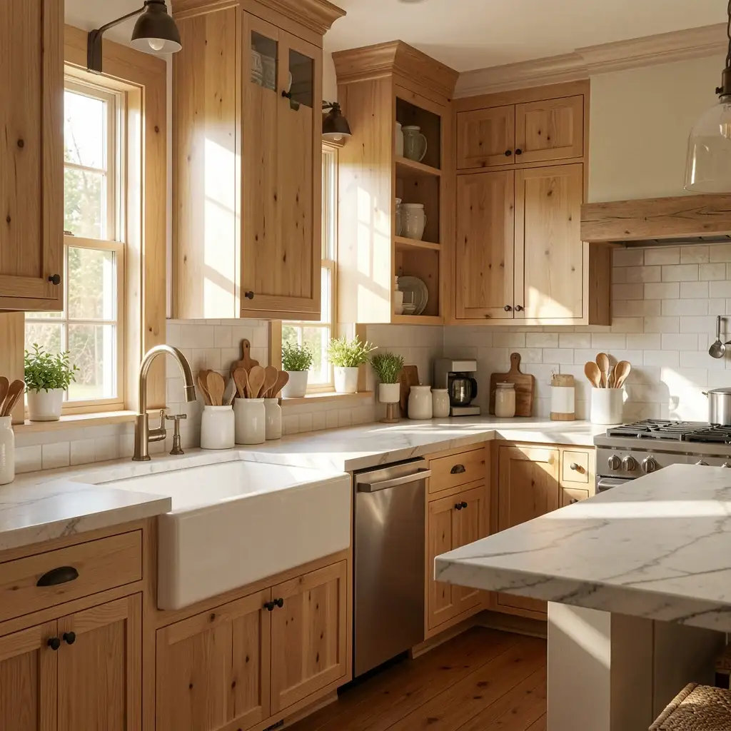 This beautiful kitchen remodel highlights natural wood cabinetry, a large white apron-front farmhouse sink with a gold faucet, and exquisite marble countertops illuminated by bright sunlight streaming through the windows.